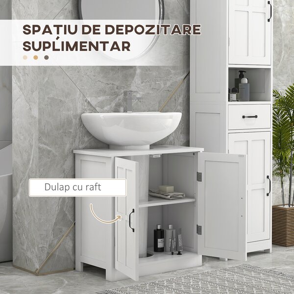Kleankin Dulap pentru Chiuvetă cu Piedestal, Dulap Sub Chiuvetă cu 2 Uși și Raft Reglabil, Dulap de Baie cu Decupaj în Formă de U, Alb | Aosom Romania