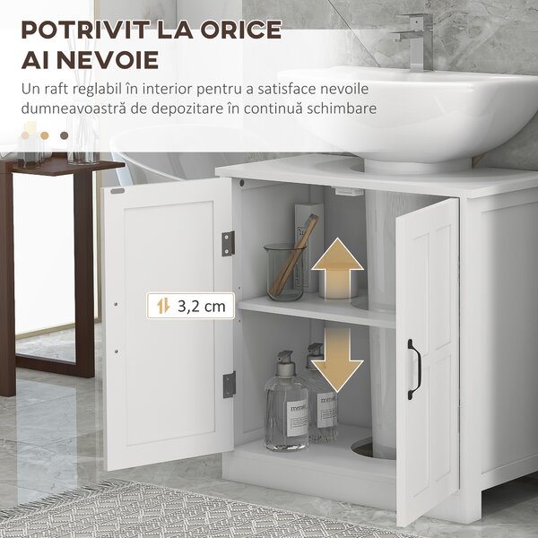 Kleankin Dulap pentru Chiuvetă cu Piedestal, Dulap Sub Chiuvetă cu 2 Uși și Raft Reglabil, Dulap de Baie cu Decupaj în Formă de U, Alb | Aosom Romania