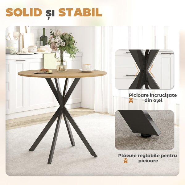 HOMCOM Masă Rotundă de Dining Industrială 80cm - Stejar Alb | Aosom Romania