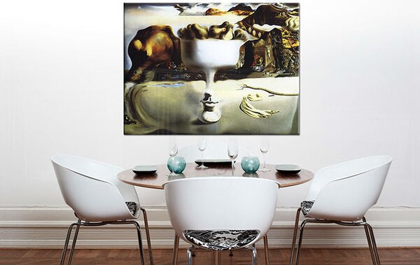 Tablou de perete de pe pânză APARIȚIE PE FAȚĂ ȘI PIAȚĂ DE FRUCTE PE PLAJĂ - Salvador Dalí RE 30x50 cm