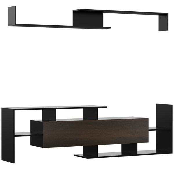 HOMCOM Ansamblu mobilier TV cu banc și raft de perete stil contemporan 153,6L cm - negru | Aosom Romania