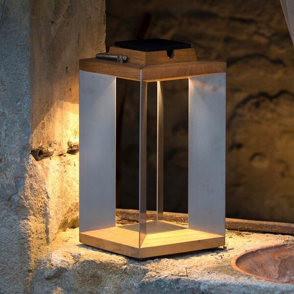Les Jardins Lanternă solară Teckinox LED, tec/oțel, 36,5 cm, reglabil, Metalic, Lemn, Felinar