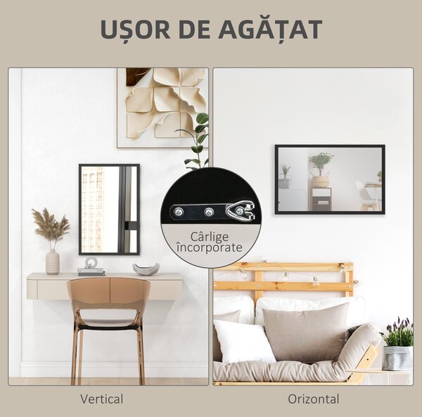 HOMCOM Oglindă Dreptunghiulară de Perete cu Cârlige, Sticlă și MDF, 60x80 cm, Negru | Aosom Romania