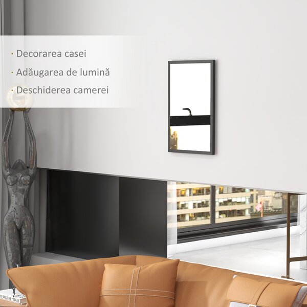 HOMCOM Oglindă Dreptunghiulară de Perete cu Cârlige, Sticlă și MDF, 60x80 cm, Negru | Aosom Romania