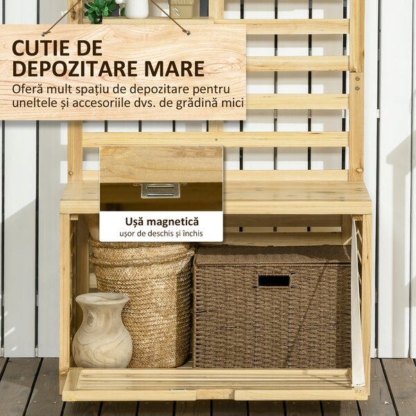 Outsunny Bancă de Depozitare pentru Grădină din Lemn de Brad cu Spalier Integrat și 4 Rafturi, Bancă de Depozitare Exterior Impermeabilă cu Închidere Magnetică, 80x45x160 cm, Culoare Lemn | Aosom Romania
