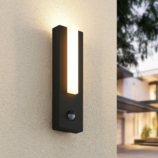 Lucande LED lampă de perete pentru exterior Virgalia, detector mișcare, IP54, Negru, Aluminiu, Modern