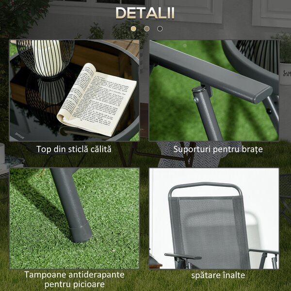 Outsunny Set de Exterior din 3 Piese cu Masă cu Blat din Sticlă și 2 Scaune Pliabile din Plasă, Ф45x50 cm, Gri Deschis | Aosom Romania