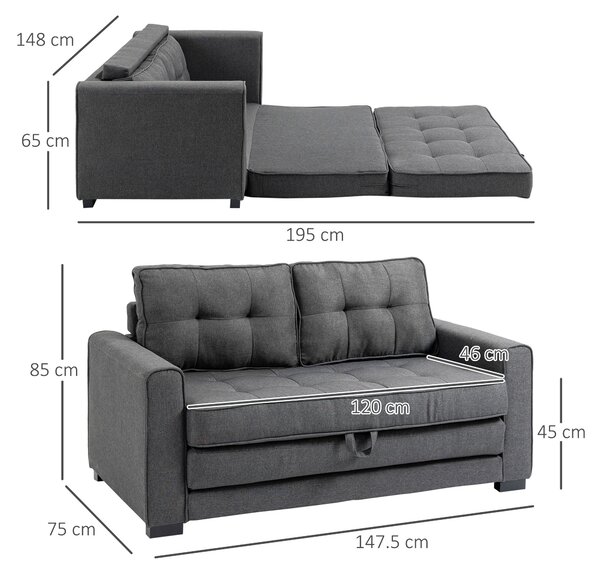 HOMCOM Canapea Extensibilă din Material Textil 2 Locuri cu Capitonaj și Arcuri, 151x75x85 cm, Gri | Aosom Romania