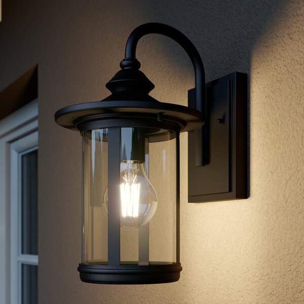 Lindby lumina de perete în aer liber Zayn, negru, sticlă, înălțime 33cm, IP23, reglabil, Negru, Metal, Antichitate, Felinar