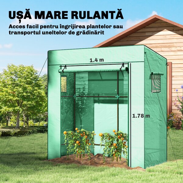Outsunny Seră de Grădină cu Acoperiș Înclinat, 2 Ferestre și Ușă Rulabilă, Seră pentru Grădină cu Structură din Oțel, Acoperire din PE Anti-UV, pentru Grădină Legume Flori Plante, 196x77x197 cm, Verde | Aosom Romania