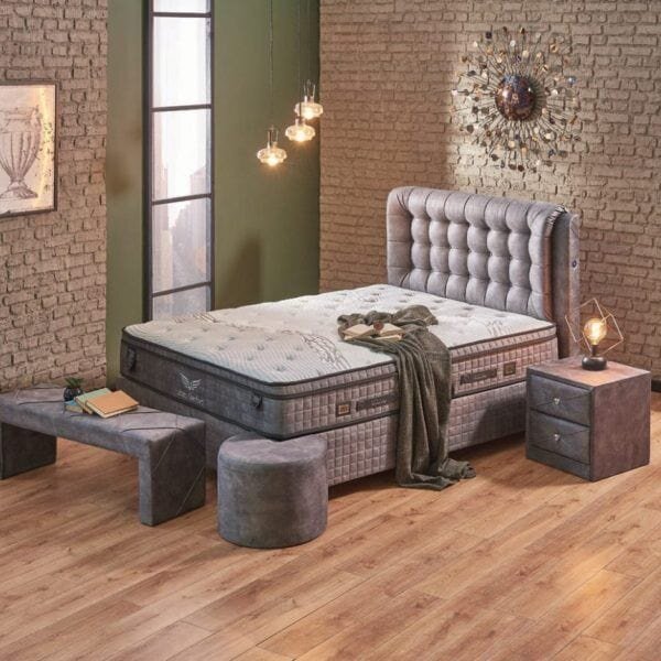 Pat matrimonial cu lada Lateks Comfort 140x200, stofa gri, cu somiera