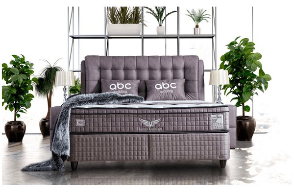 Pat matrimonial cu lada Lateks Comfort 140x200, stofa gri, cu somiera