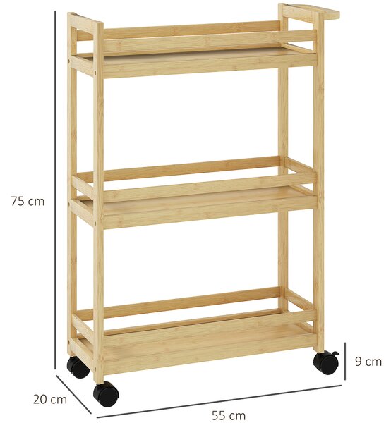 HOMCOM Raft de Baie din Bambus cu 3 Niveluri, Carucior Organizator cu Roți pentru Bucătărie, Baie, Living, 55 x 20 x 75 cm - Natural | Aosom Romania