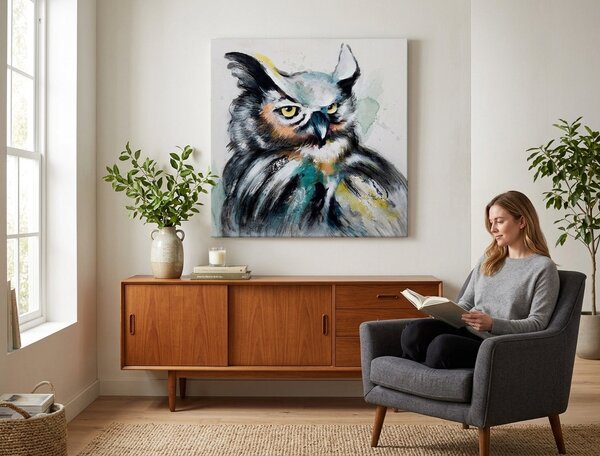 Tablou pictat manual Bufniță 1 parte 60x60 cm - 60×60 cm / Klasický 2 cm