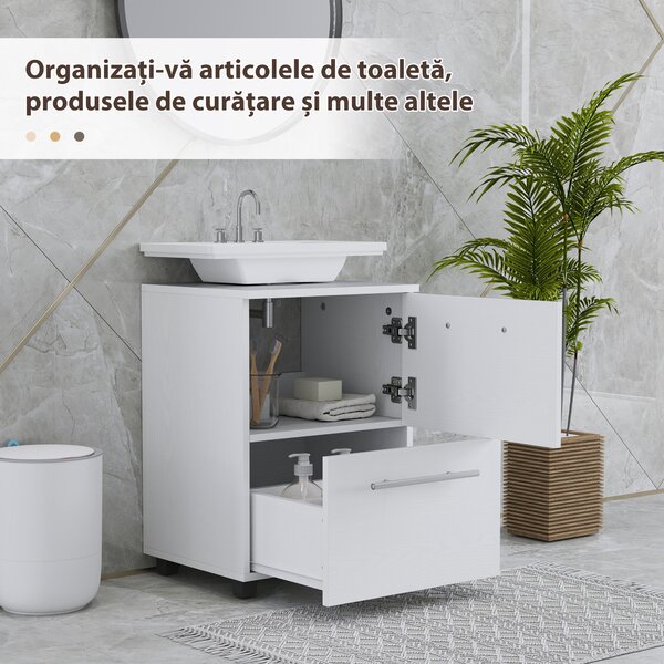 HOMCOM Dulap de Baie Sub Lavoar cu Sertar și Dulap, Unitate Economisitoare de Spațiu, 41,5 x 35,5 x 59 cm, Alb | Aosom Romania