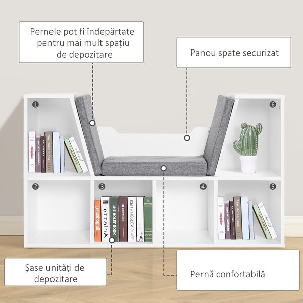 HOMCOM Bibliotecă 2 în 1 cu Perne Confortabile și 6 Compartimente, Mobilier Multifuncțional pentru Cărți și Jocuri, Raft cu 6 Cuburi pentru Sufragerie, Dormitor și Birou, 102x30x61 cm, Alb | Aosom Romania