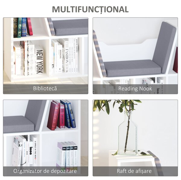 HOMCOM Bibliotecă 2 în 1 cu Perne Confortabile și 6 Compartimente, Mobilier Multifuncțional pentru Cărți și Jocuri, Raft cu 6 Cuburi pentru Sufragerie, Dormitor și Birou, 102x30x61 cm, Alb | Aosom Romania