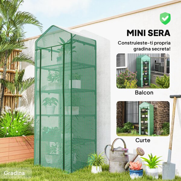 Outsunny Seră de grădină balcon etajere seră 5 niveluri 0,69 x 0,49 x 1,93 m oțel folie rulabilă PE verde | Aosom Romania