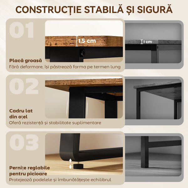 HOMCOM Birou pentru Computer, 120x60x76 cm Birou Lungu cu Colțuri Rotunjite și Structură din Oțel, Masă PC Industrială, pentru Casă, Studiu, Dormitor, Birou, Maro Rustic | Aosom Romania