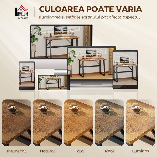 HOMCOM Birou pentru Computer, 120x60x76 cm Birou Lungu cu Colțuri Rotunjite și Structură din Oțel, Masă PC Industrială, pentru Casă, Studiu, Dormitor, Birou, Maro Rustic | Aosom Romania