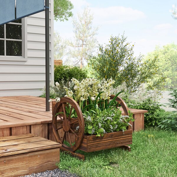 Outsunny Jardinieră de Exterior cu 3 Niveluri și Roți Decorative, din Lemn de Brad cu Orificii de Drenaj, pentru Legume și Flori, pentru Balcon sau Terasă, 62x61x57 cm, Carbonizat | Aosom Romania