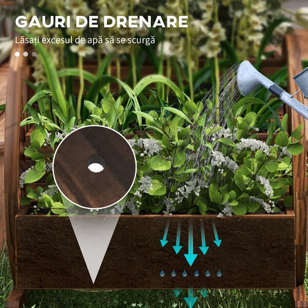Outsunny Jardinieră de Exterior cu 3 Niveluri și Roți Decorative, din Lemn de Brad cu Orificii de Drenaj, pentru Legume și Flori, pentru Balcon sau Terasă, 62x61x57 cm, Carbonizat | Aosom Romania