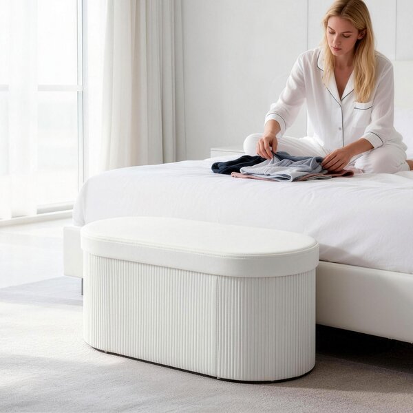 HOMCOM Taburet cu Spațiu de Depozitare Pliabil, Bancă Modernă Tapițată cu Material Catifea, Suport pentru Picioare cu Compartiment de 72L pentru Living și Dormitor, 76x38x35 cm, Crem | Aosom Romania