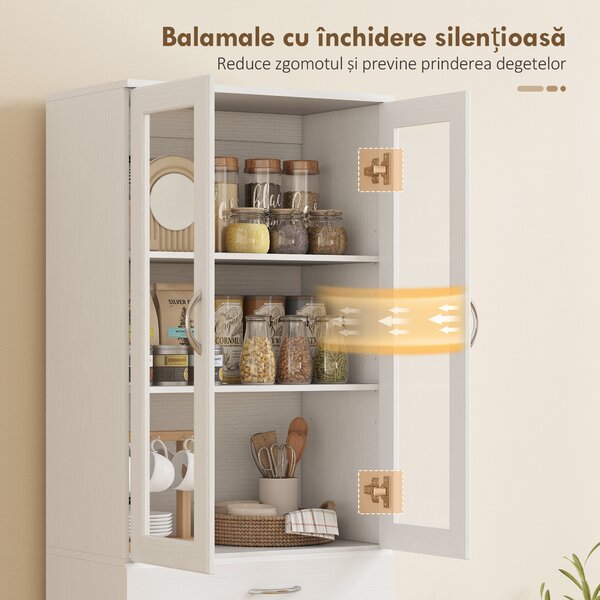 HOMCOM Dulap de Bucătărie Înalt 180 cm cu Uși din Sticlă Soft-Close, Sertar și 2 Dulapuri, Polițe Reglabile, Alb | Aosom Romania