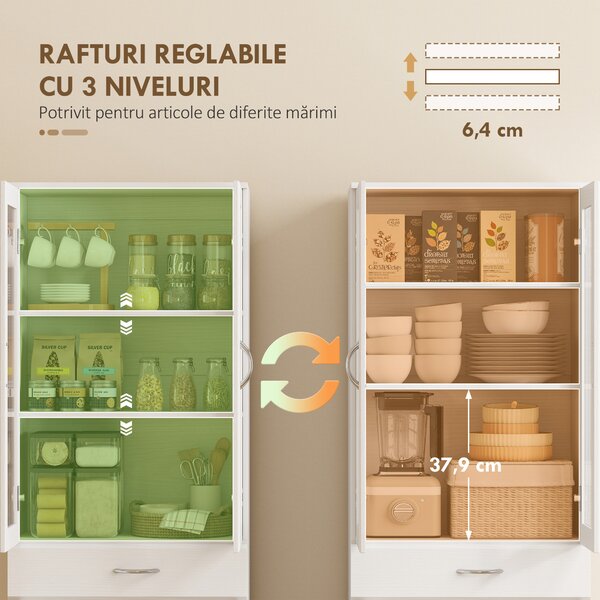 HOMCOM Dulap de Bucătărie Înalt 180 cm cu Uși din Sticlă Soft-Close, Sertar și 2 Dulapuri, Polițe Reglabile, Alb | Aosom Romania