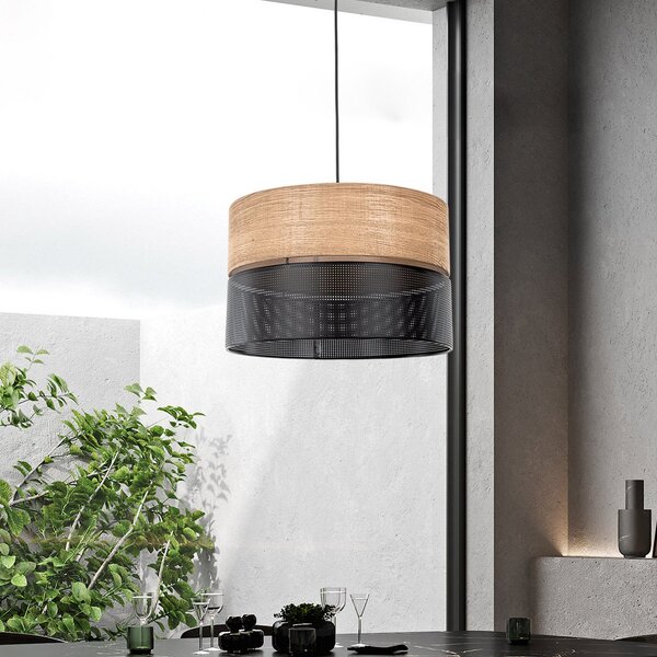 TK Lighting Lampă de suspendare Nicol, negru/efect lemn, Ø 50 cm, 1 lumină, 3 x E27, reglabil, Negru, Camera de zi / sufragerie, Metal, Modern