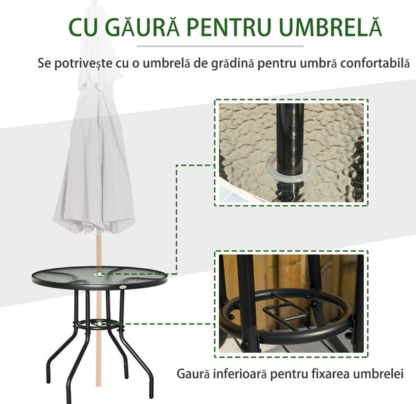Outsunny Masă de Grădină Rotundă 80 cm cu Orificiu pentru Umbrelă, Masă de Cafea pentru Exterior cu Blat din Sticlă Temperată, Cadru Metalic, pentru Terasă, Balcon, Negru | Aosom Romania