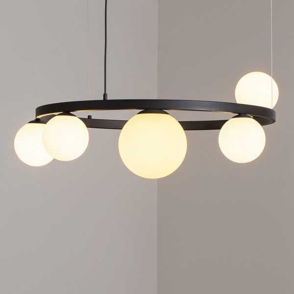 ALDEX Lampă suspendată Garda 5, inel, metal, sticlă, 5 becuri, negru, reglabil, Negru, Camera de zi / sufragerie, Metal, Modern, glob