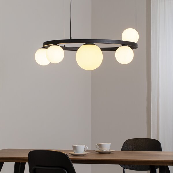 ALDEX Lampă suspendată Garda 5, inel, metal, sticlă, 5 becuri, negru, reglabil, Negru, Camera de zi / sufragerie, Metal, Modern, glob