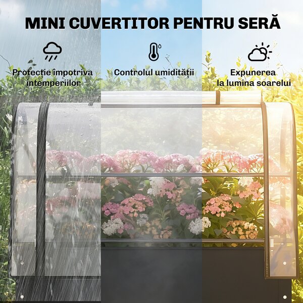 Outsunny Pat Ridicat cu Acoperire Rabatabilă pentru Sera, Ladă de Grădină Ridicată din Metal cu Orificiu de Drenaj, Negru | Aosom Romania