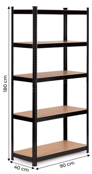 Raft negru cu 5 rafturi 90 x 180 x 40 cm