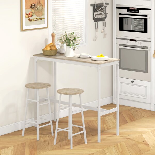 HOMCOM Set masă înaltă de bar + 2 scaune cu structură din oțel și blat cu aspect de lemn natural, pentru 2 persoane, alb | Aosom Romania
