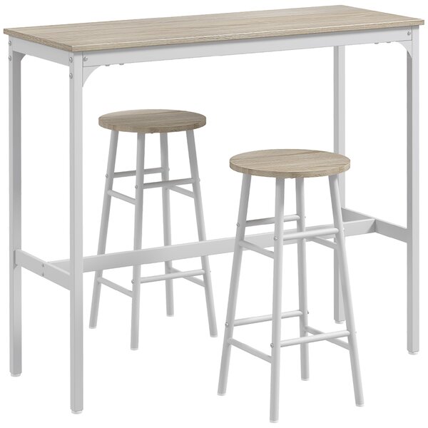 HOMCOM Set masă înaltă de bar + 2 scaune cu structură din oțel și blat cu aspect de lemn natural, pentru 2 persoane, alb | Aosom Romania