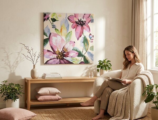 Tablou pictat manual FLORI 1 parte CFAZH5769C+6E1 - 60x60 cm - 60×60 cm / Clasic 2 cm