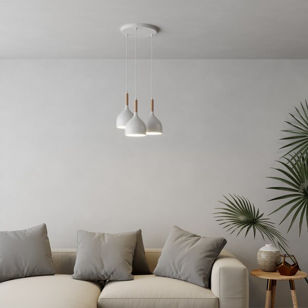 Luminex Lampă suspendată Noak cu 3 becuri rotundă alb/lemn natural, reglabil, Alb, Camera de zi / sufragerie, Metal, Modern