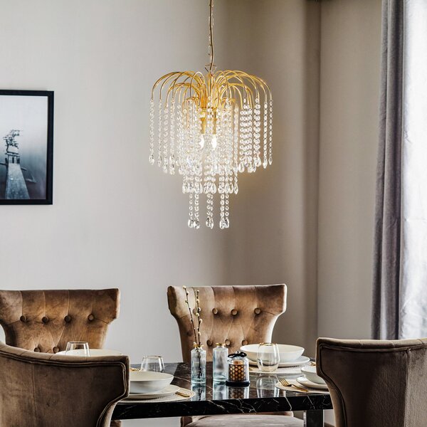 ONLI Lampă suspendată Pioggia cu ploaie de cristal Ø40cm auriu, reglabil, Auriu / Alamă, Camera de zi / sufragerie, Metal, Modern