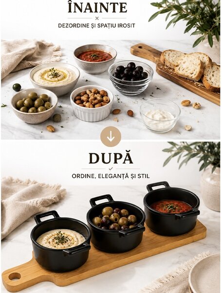 Set 3 boluri ceramice Pufo Simple cu suport din lemn pentru aperitive, gustari, fructe