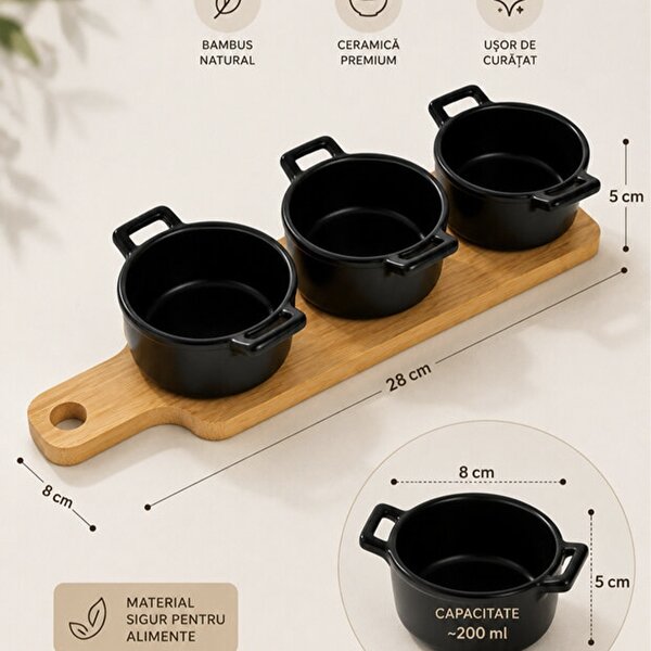 Set 3 boluri ceramice Pufo Simple cu suport din lemn pentru aperitive, gustari, fructe