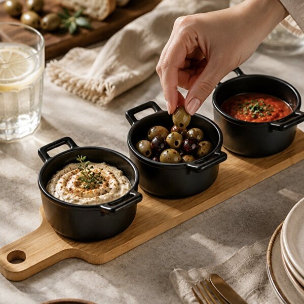 Set 3 boluri ceramice Pufo Simple cu suport din lemn pentru aperitive, gustari, fructe