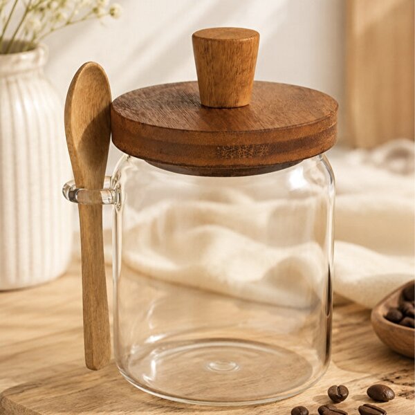 Recipient din sticla borosilicata Pufo pentru depozitare condimente, zahar, cafea, cu capac din lemn si lingura, 500 ml