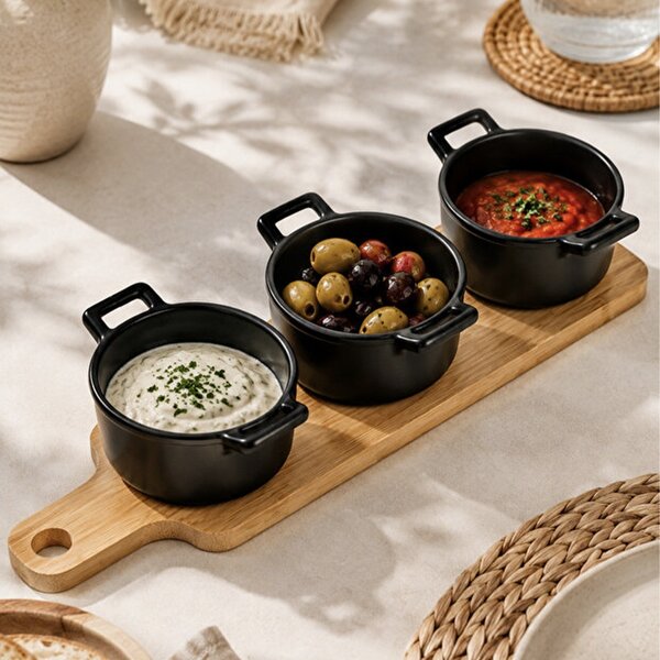 Set 3 boluri ceramice Pufo Simple cu suport din lemn pentru aperitive, gustari, fructe