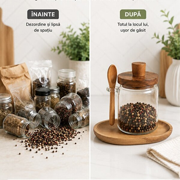 Recipient din sticla borosilicata Pufo pentru depozitare condimente, zahar, cafea, cu capac din lemn si lingura, 500 ml