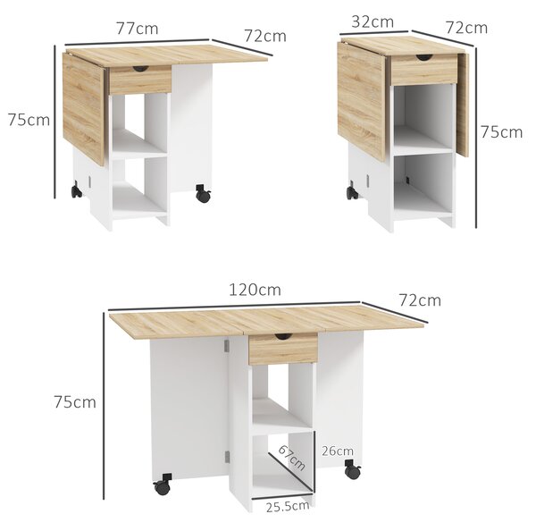 HOMCOM Masă de Dining Pliabilă cu Sertar și Rafturi, Masă Economică cu Extensii pentru Bucătărie, Sufragerie, Living, Stejar | Aosom Romania