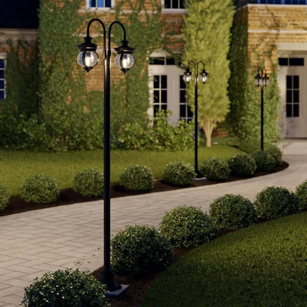 Lindby lumina de exterior Farley, 215 cm, 2 becuri, IP44, E27, reglabil, Negru, Metal, Antichitate, Felinar