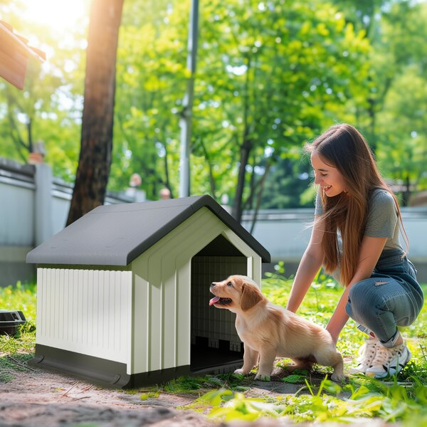 PawHut Niche pentru câine pentru exterior, adăpost impermeabil cu fereastră, din plastic, 62lungime x 61Lățime x 60Înălțime cm, gri | Aosom Romania