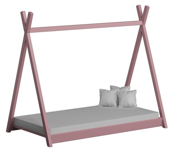 Pat copii Tipi 70x140 din lemn tip căsuță - roz